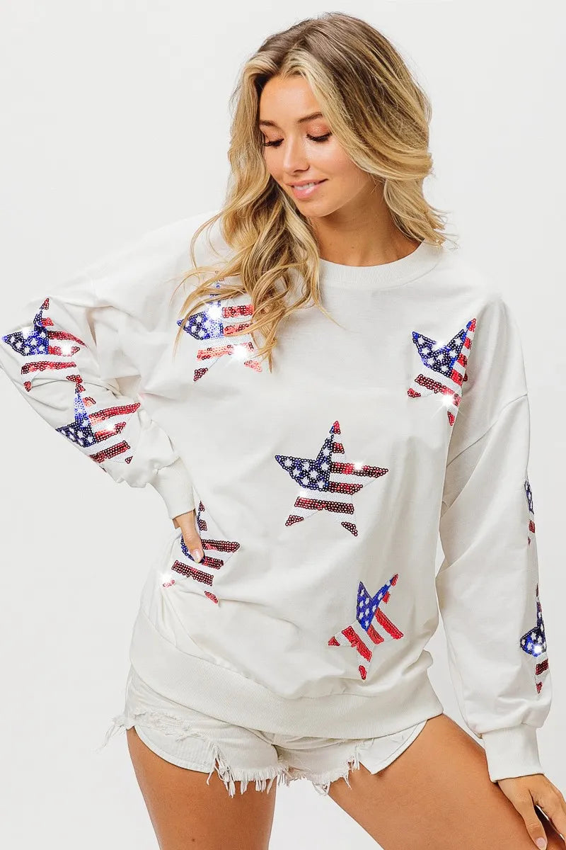 Off White American Flag Sequin Star Sweatshirt - Tigbul's Variety Fashion Shop