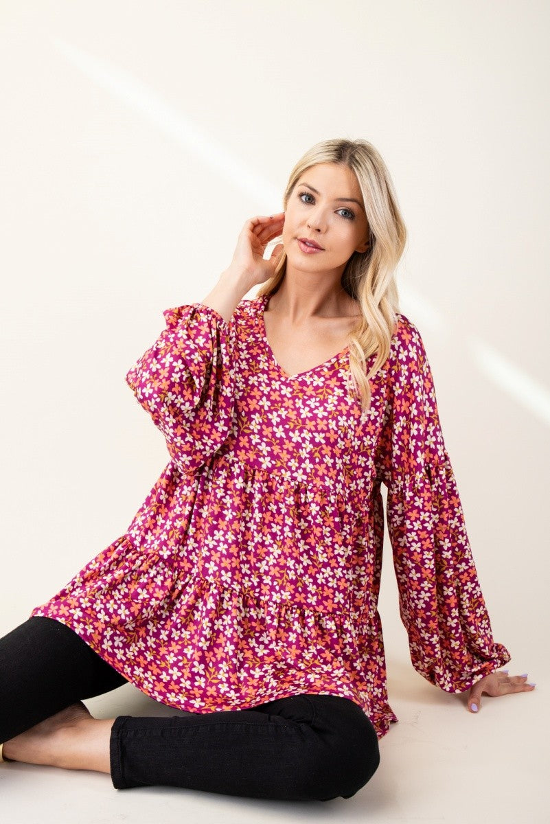 Celeste Full Size Floral V-Neck Balloon Sleeve Blouse - Tigbul's Variety Fashion Shop