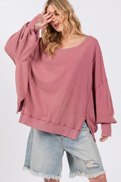 SAGE + FIG Mineral Wash Side Slit Oversized Sweatshirt - Tigbul's Variety Fashion Shop