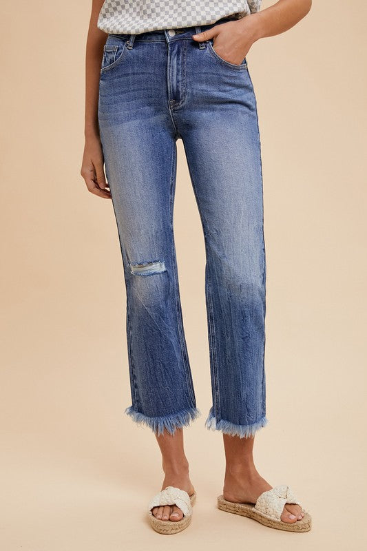 Blue Distressed Raw Hem Straight Leg Cropped Jeans - Tigbul's Variety Fashion Shop