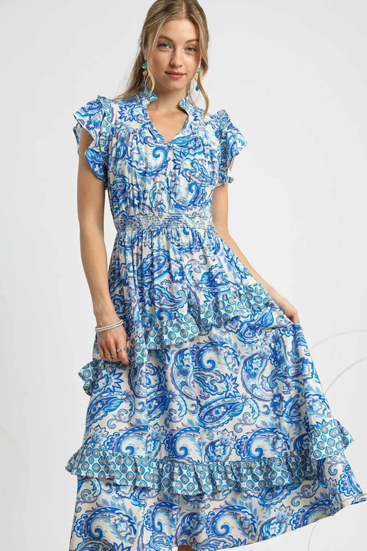 Umgee Paisley Print Ruffle Sleeve Midi Dress - Tigbul's Variety Fashion Shop
