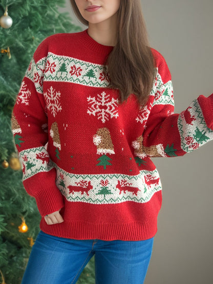 Christmas Element Round Neck Long Sleeve Sweater - Tigbul's Variety Fashion Shop