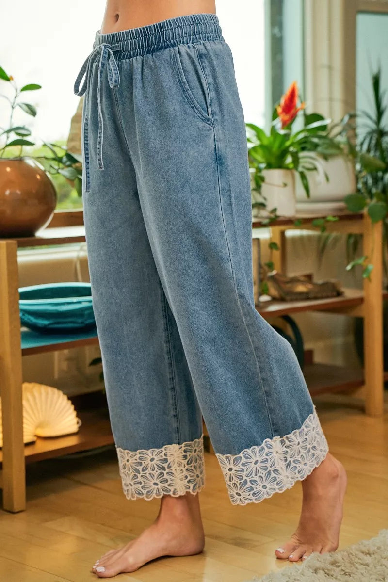 Washed Denim Elastic Waist Flower Lace Trim Pants | Tigbuls
