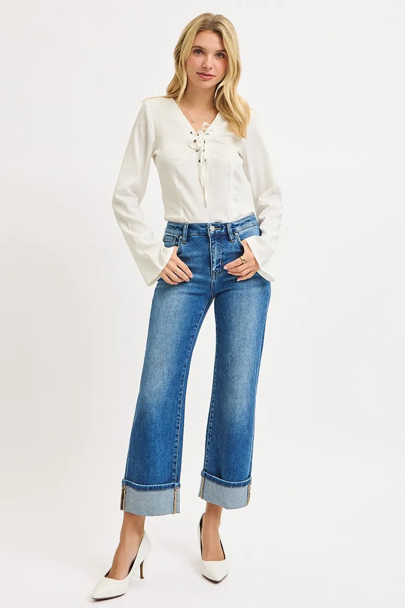 RISEN Mid Rise Crop Straight Cuffed Jeans - Tigbul's Variety Fashion Shop