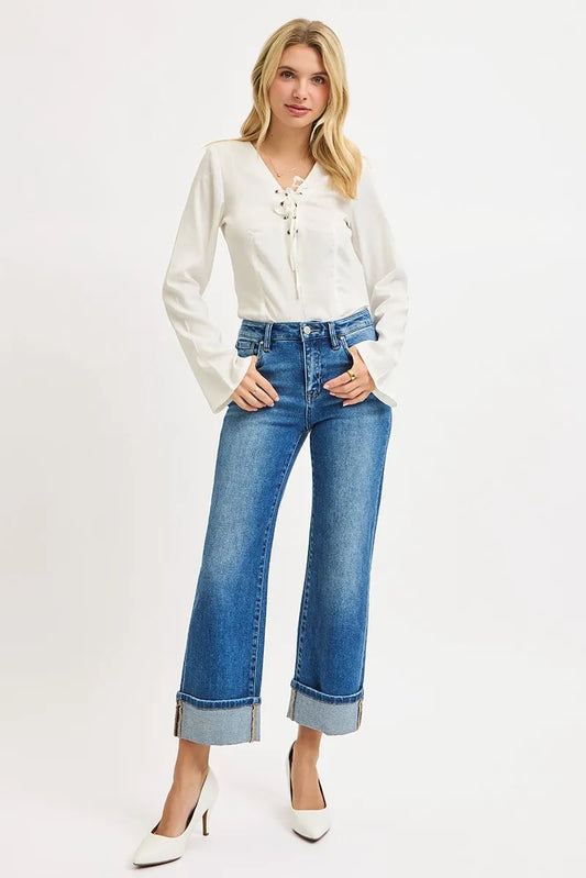 RISEN Mid Rise Crop Straight Cuffed Jeans - Tigbul's Variety Fashion Shop