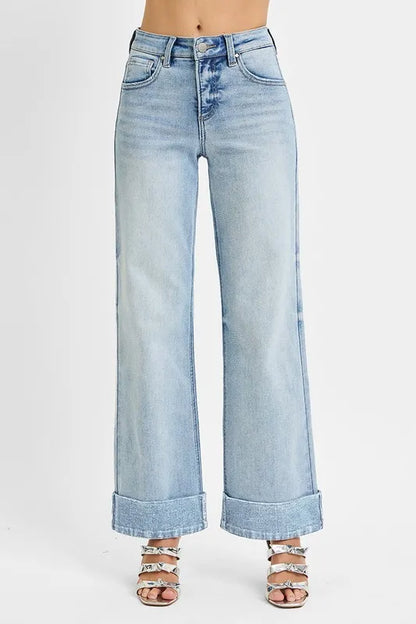 RISEN Full Size Tummy Control High Rise Ankle Wide Cuffed Jeans Plus Size - Tigbul's Variety Fashion Shop