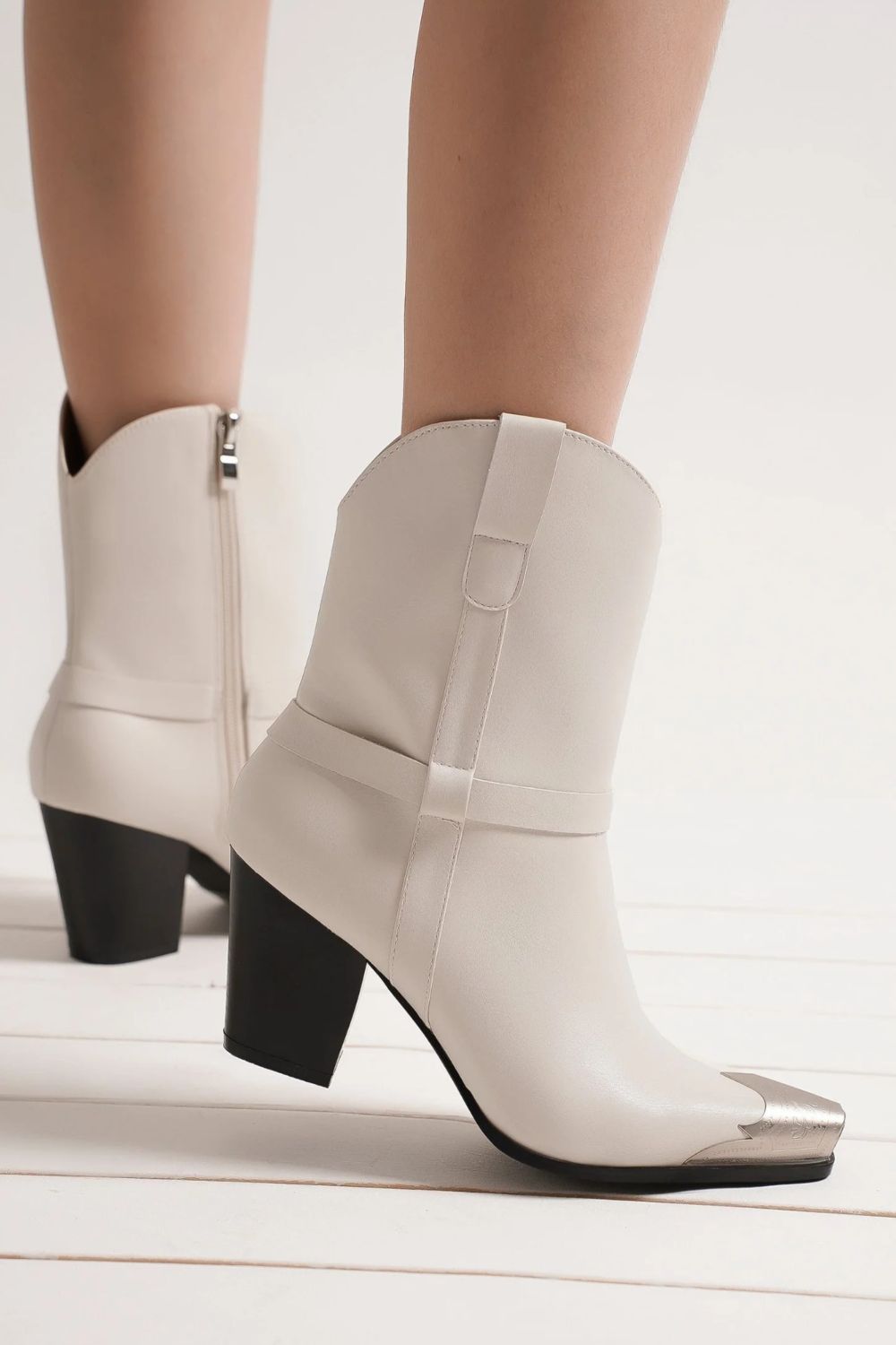 White Faux Leather Metal Toe Ankle Boots - Tigbul's Variety Fashion Shop