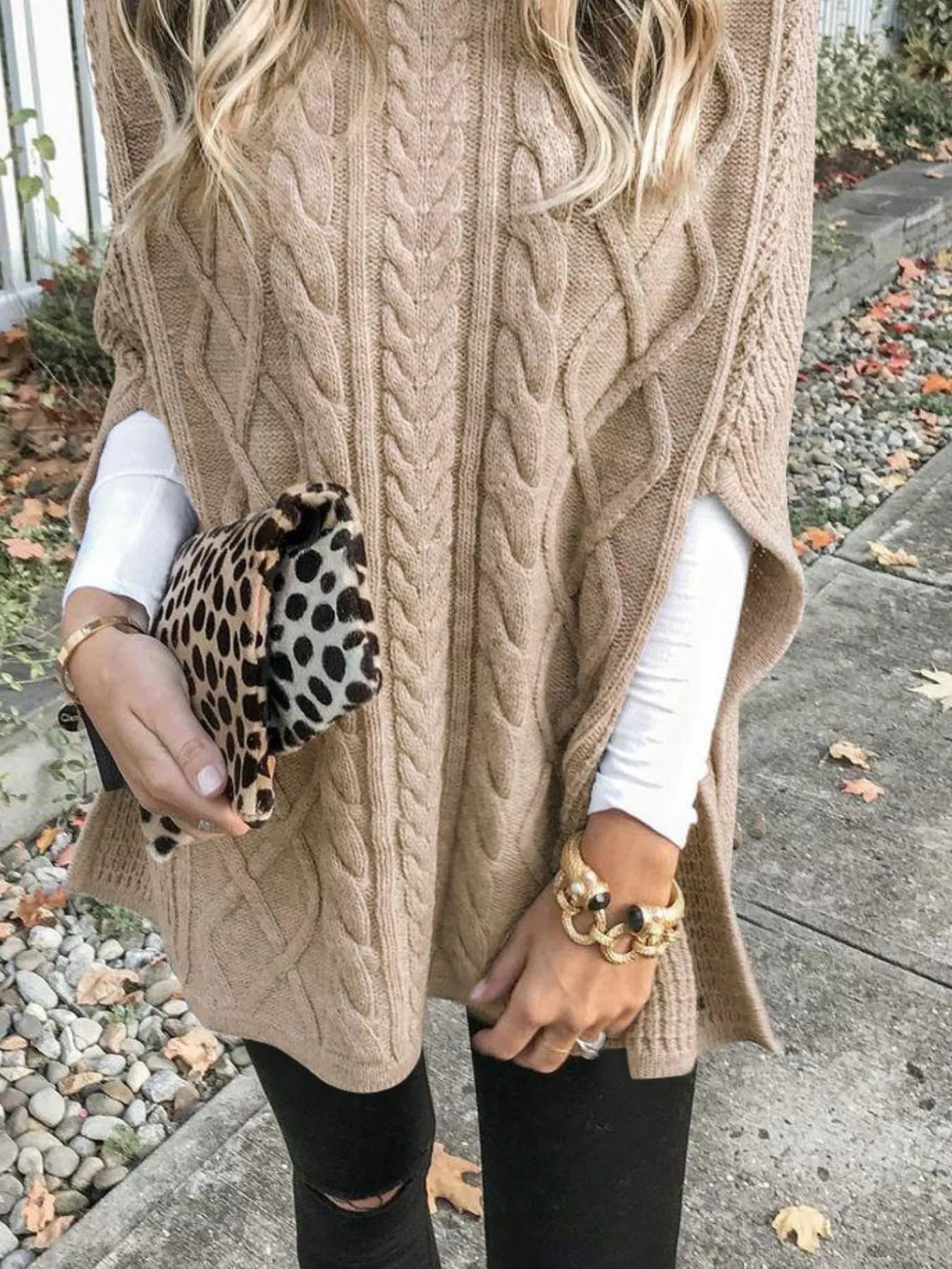 Chunky Cable Knit Turtleneck Poncho Cover Up - Tigbul's Variety Fashion Shop