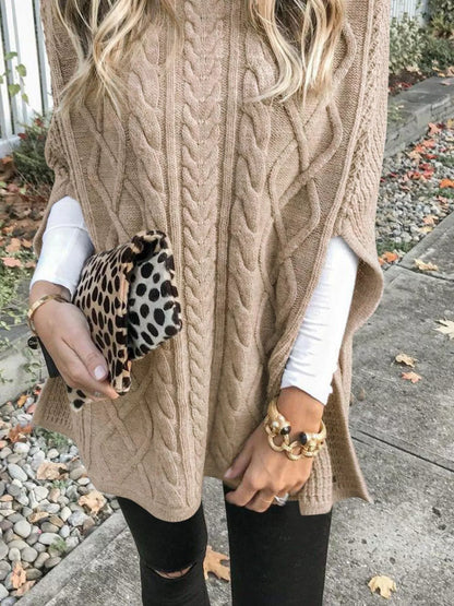 Chunky Cable Knit Turtleneck Poncho Cover Up - Tigbul's Variety Fashion Shop