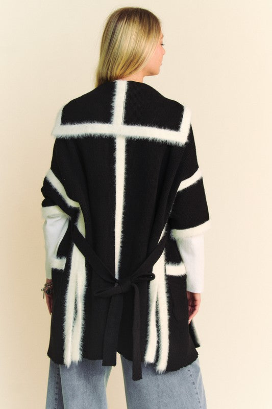 Black Fuzzy Trim Open Front Loose Fit Cardigan