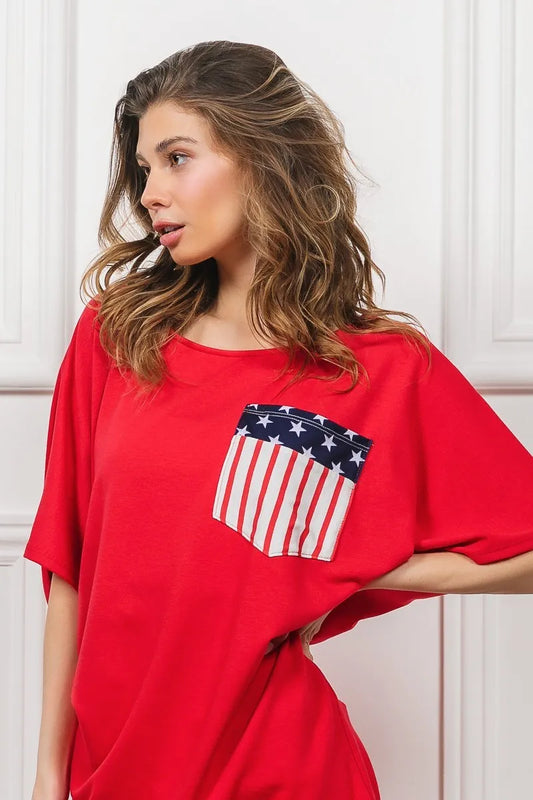 Red French Terry With Front Pocket Dolman Sleeves Top - Tigbul's Variety Fashion Shop