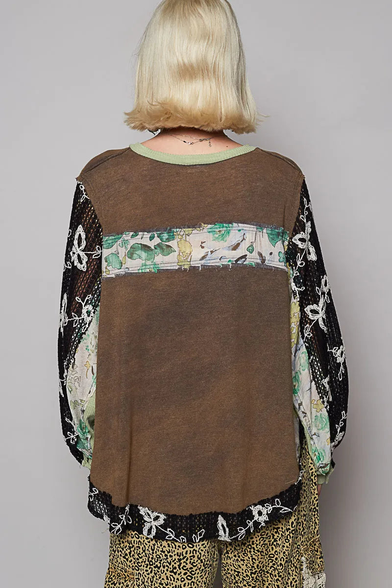 POL Button Detail Floral Patchwork Crochet Sleeve Blouse - Tigbul's Variety Fashion Shop