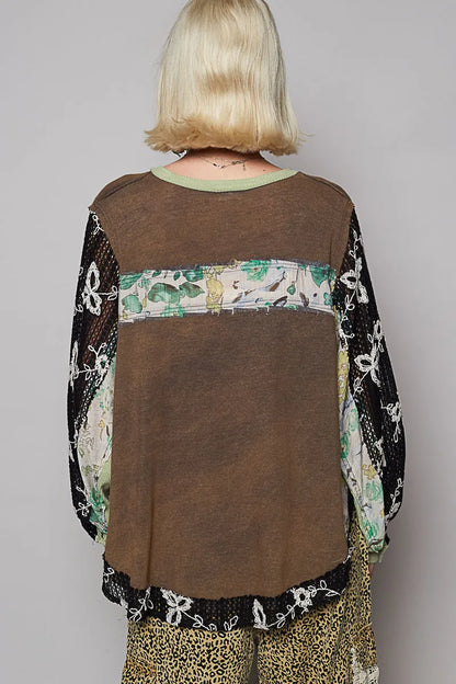 POL Button Detail Floral Patchwork Crochet Sleeve Blouse - Tigbul's Variety Fashion Shop