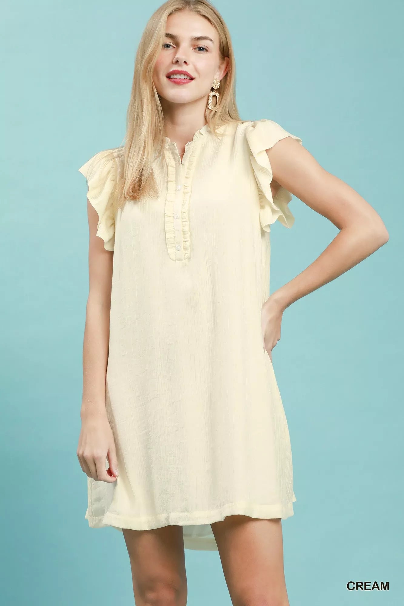 Umgee Ruffle Sleeve Henley Shift Dress - Tigbul's Variety Fashion Shop