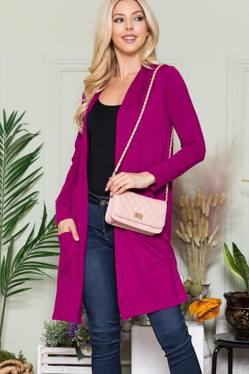 Magenta Open Front Cardigan with Pockets- Tigbul's Variety Fashion Shop