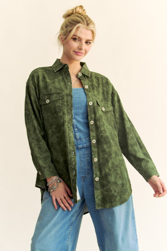 Davi & Dani Curved Hem Diamond Quilted Button Up Denim Shacket - Tigbul's Variety Fashion Shop