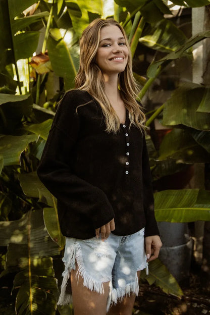 BiBi V Neck Sweater Top With Button Details - Tigbul's Variety Fashion Shop