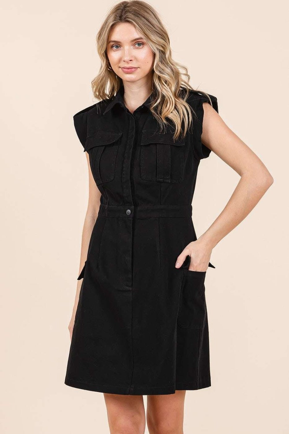 Cargo Pocket Half Button Mini Dress - Tigbul's Variety Fashion Shop