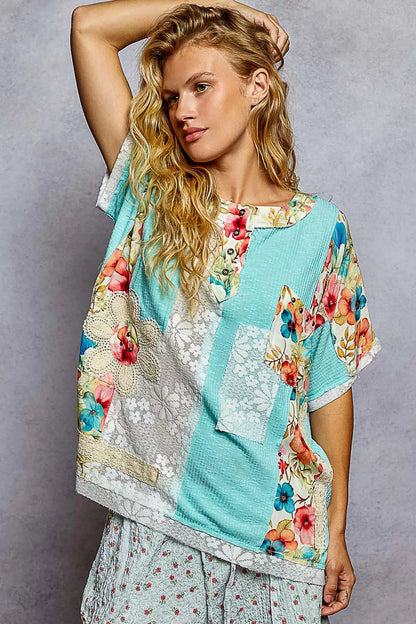 POL Lace Round Neck Short Sleeve Floral Pattern Top with Patch Detail - Tigbul's Variety Fashion Shop