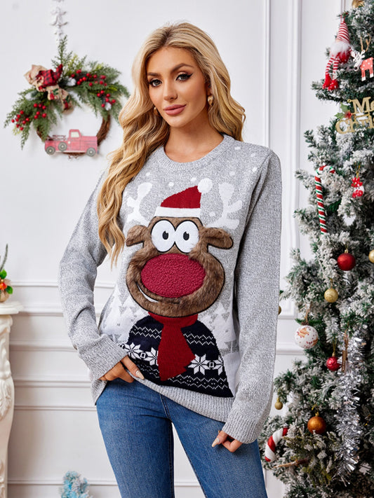 Reindeer Round Neck Long Sleeve Sweater - Tigbul's Variety Fashion Shop