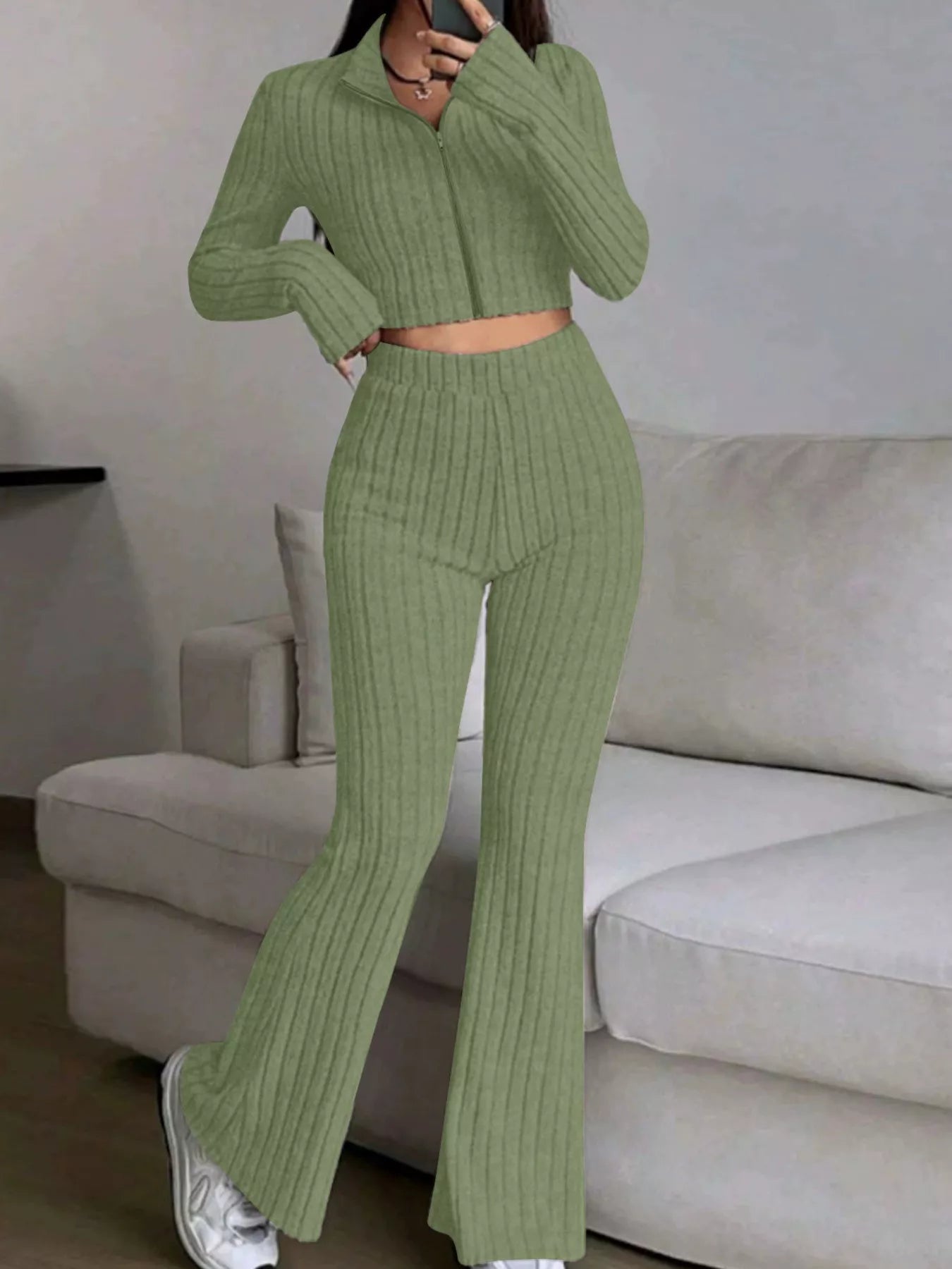 Ribbed Knit Crop Top and Flare Pants Set - Tigbul's Variety Fashion Shop