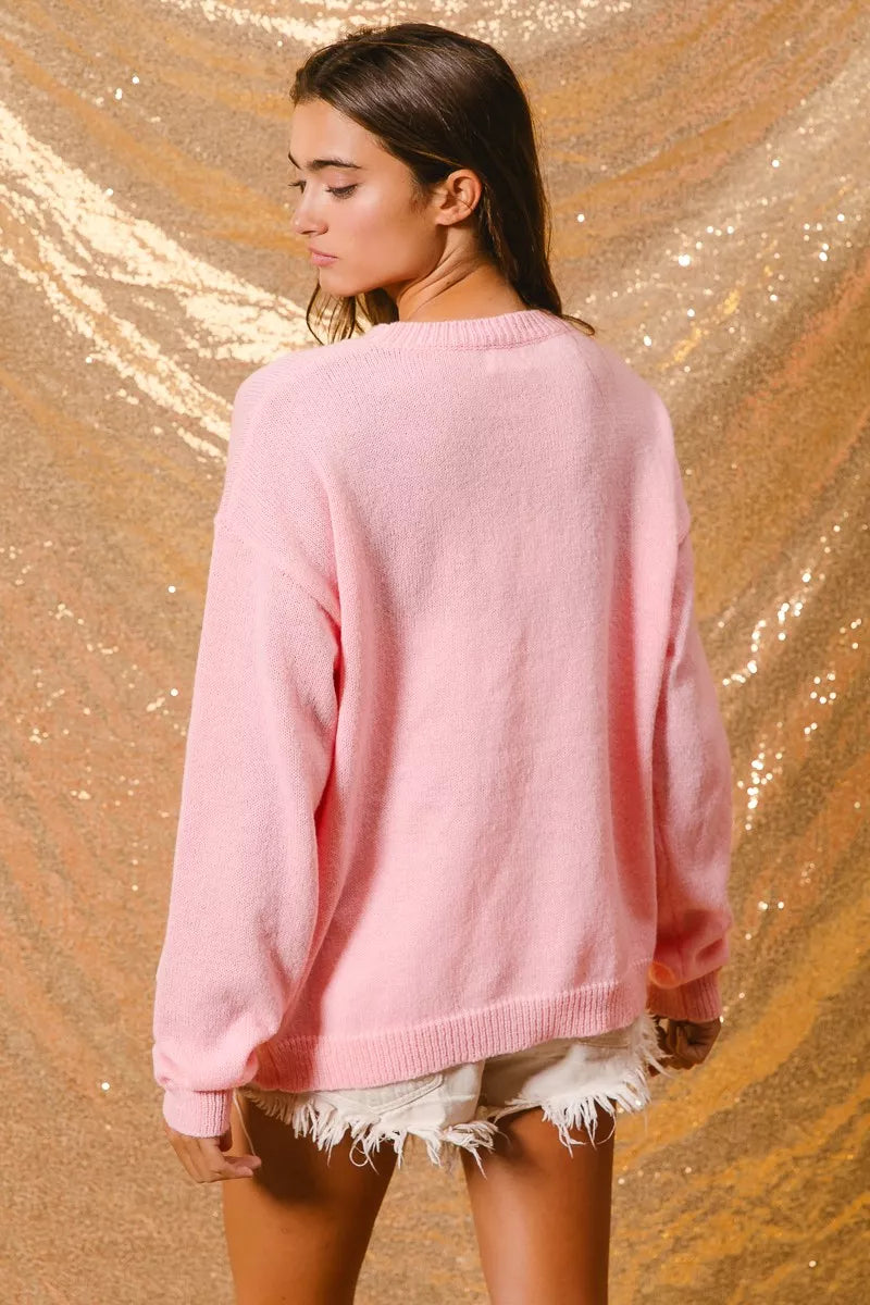 Light Pink Christmas Theme Patches Sweater | Tigbuls