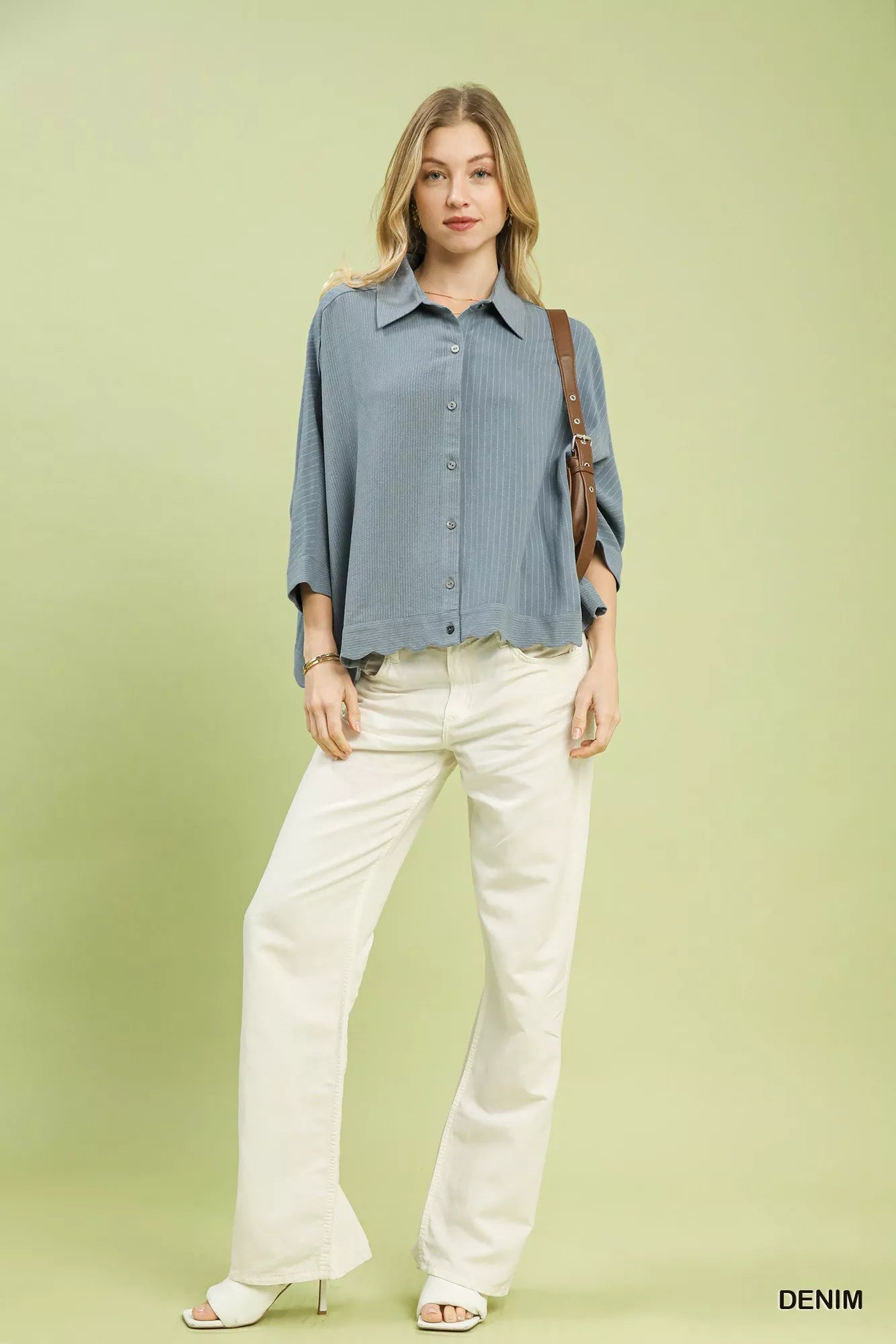 Relaxed denim striped button-down shirt with point collar and front buttons
