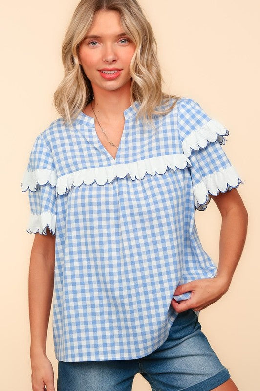 Haptics Full Size Plaid Scallop Hem Notched Short Sleeve Blouse - Tigbul's Variety Fashion Shop