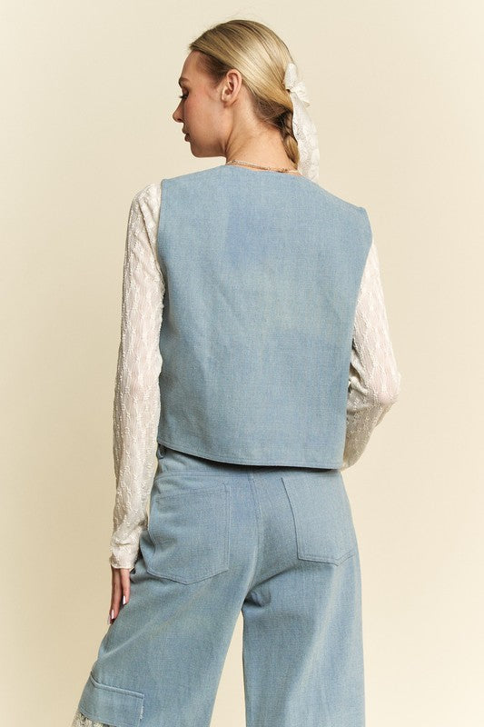 Light Blue Lace Patch Open Front Denim Vest - Tigbul's Variety Fashion Shop