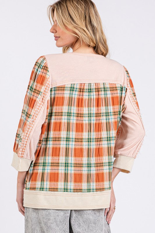 Pink Exposed Seam Button Detail Plaid Top - Tigbul's Variety Fashion Shop