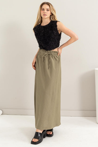 Olive Green Drawstring Washed Linen Maxi Skirt - Tigbul's Variety Fashion Shop