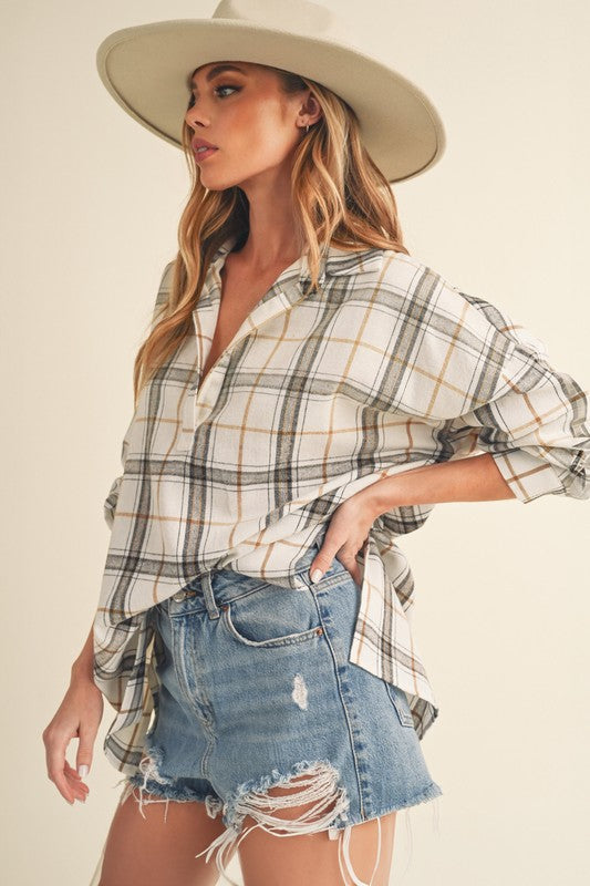 Aemi + Co Side Slit High-Low Plaid Long Sleeve Polo Shirt - Tigbul's Variety Fashion Shop