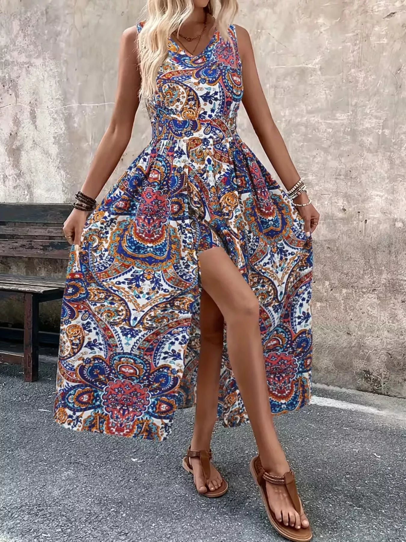Peacock blue paisley sleeveless romper with long top, V-neck and side slit