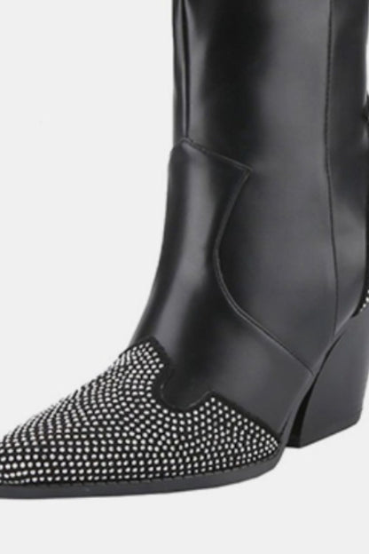 Weeboo Chunky Heel Rhinestone Decor Western Boots - Tigbul's Variety Fashion Shop