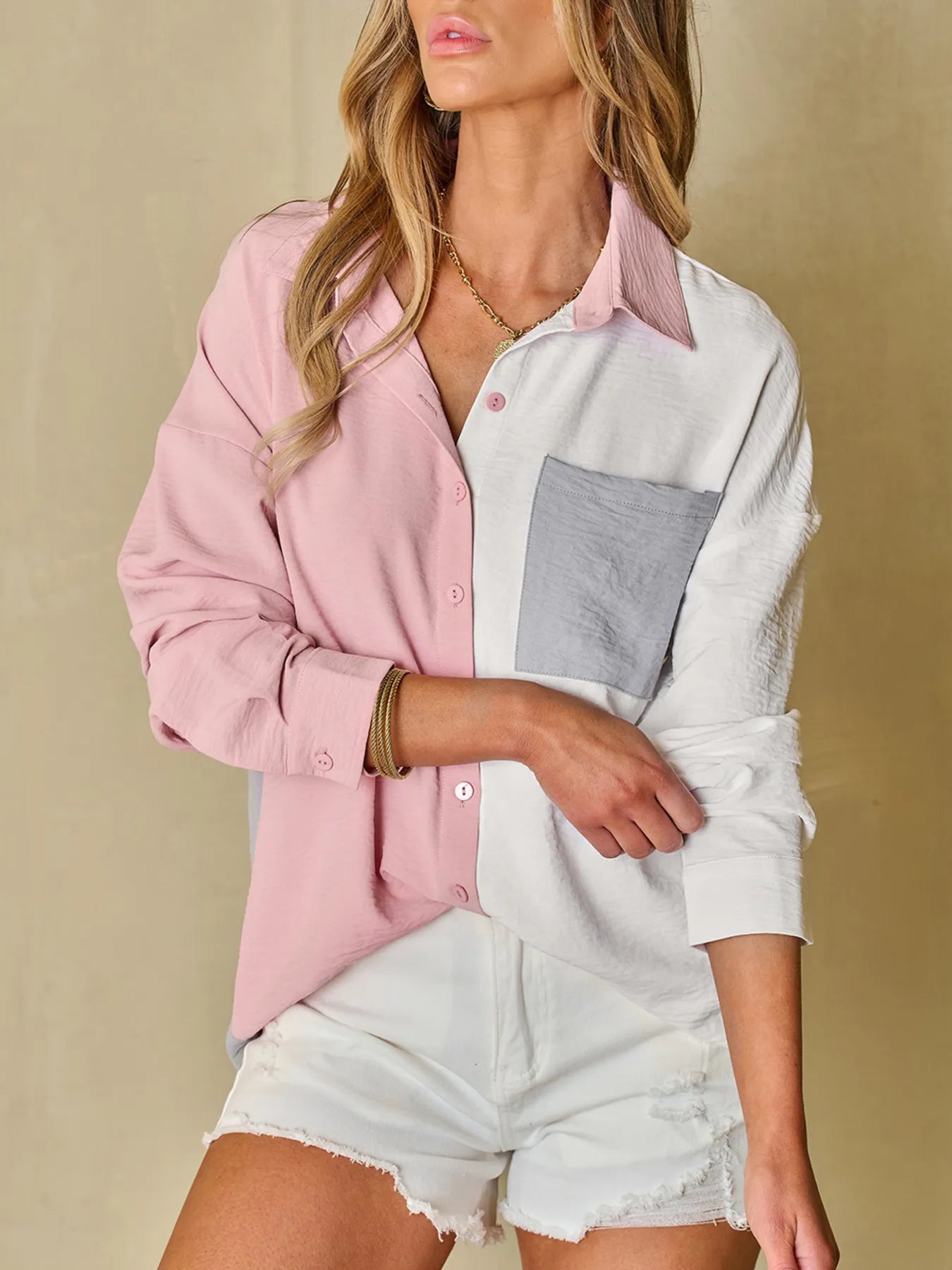 Color Block Oversized Button-Up Shirt with Chest Pocket - Tigbul's Variety Fashion Shop