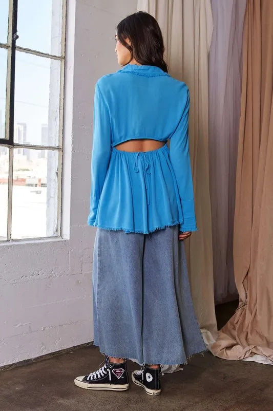 Blue V-Neck Open Back Adjustable Babydoll Shirt - Tigbul's Variety Fashion Shop