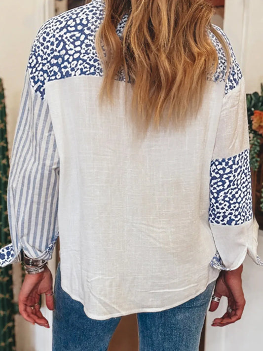 Striped Patchwork Button Down Shirt with Leopard Print Details - Tigbul's Variety Fashion Shop