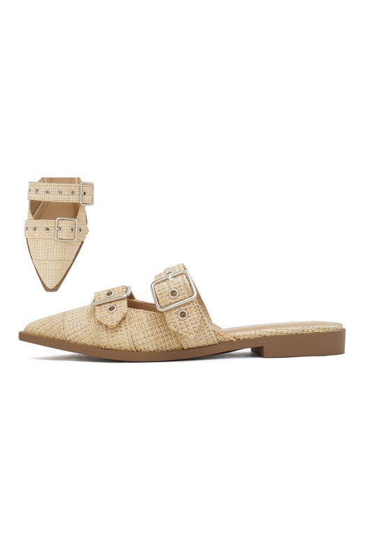 Tan Pointed Closed Toe Slip on Mule Raffia Flats | Tigbuls