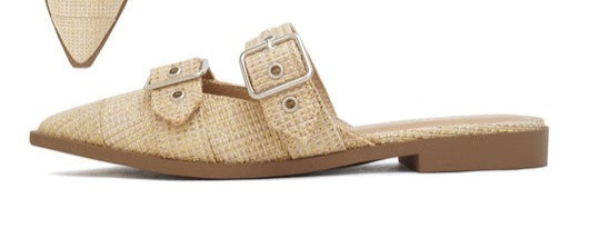 Tan Pointed Closed Toe Slip on Mule Raffia Flats | Tigbuls