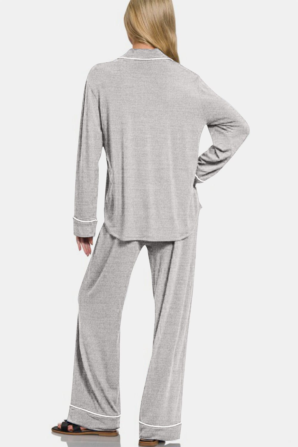 Zenana Button Down Long Sleeve Top and Pants Lounge Set - Tigbul's Variety Fashion Shop