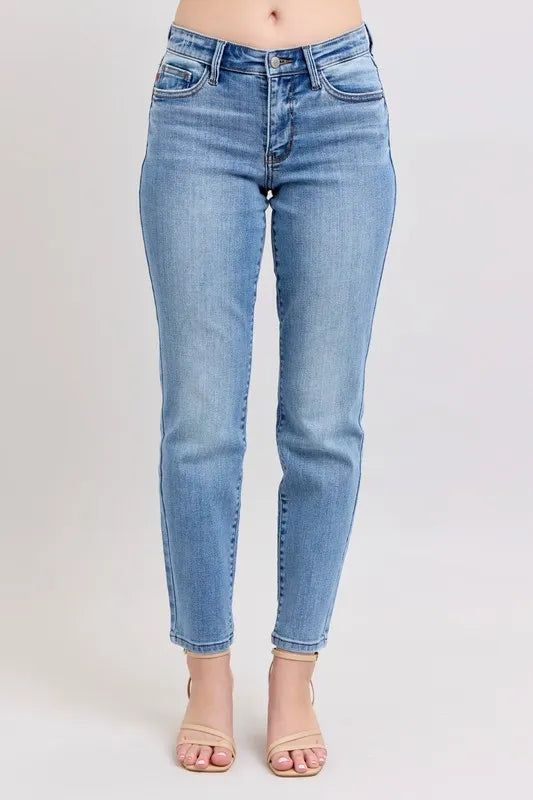Judy Blue Full Size Mid Rise Vintage Wash Slim Jeans with Cell Phone Pocket Plus Size - Tigbul's Variety Fashion Shop