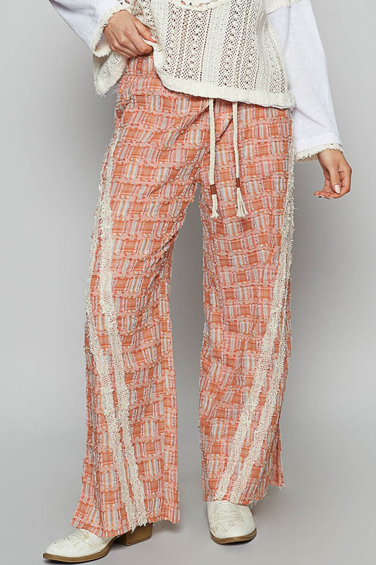 POL Lace Trim Drawstring Checkered Wide Leg Pants - Tigbul's Variety Fashion Shop