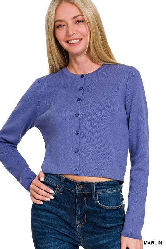 Zenana Button-Front Crewneck Long Sleeve Cropped Cardigan - Tigbul's Variety Fashion Shop