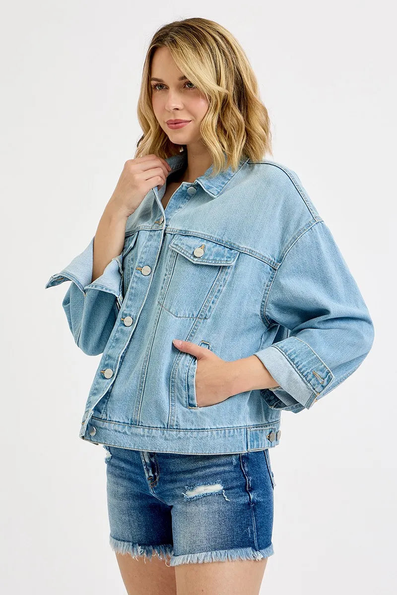 RISEN Washed Dropped Shoulder Denim Jacket - Tigbul's Variety Fashion Shop