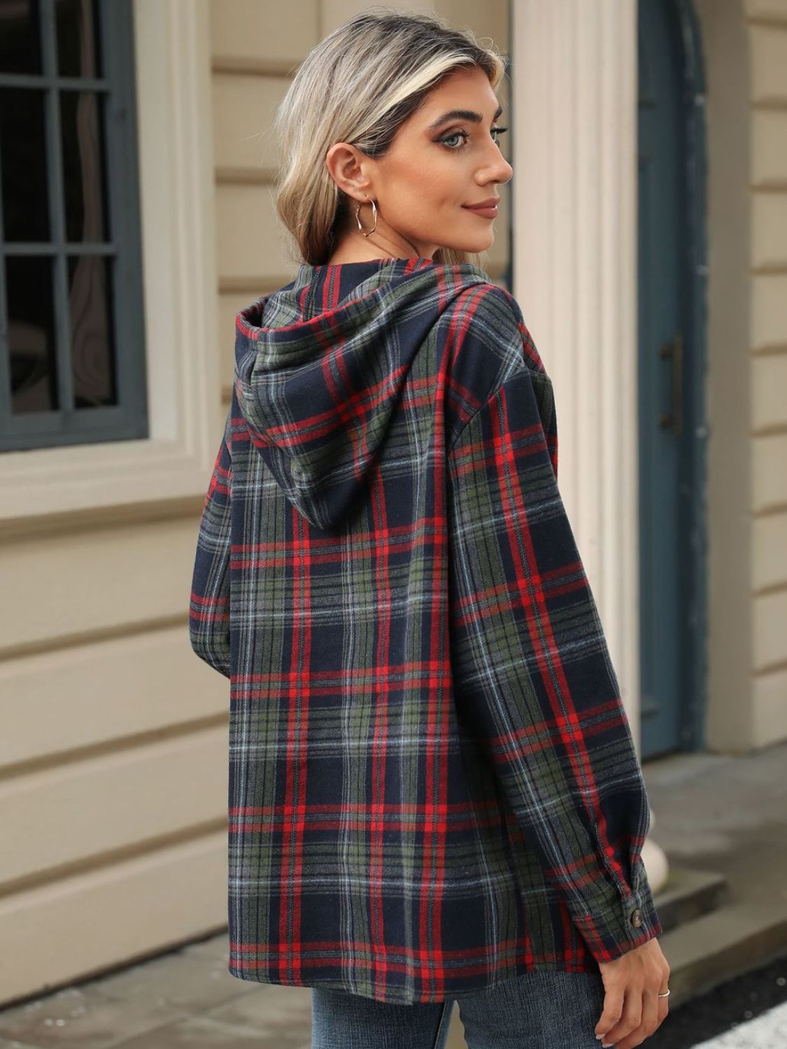 Drawstring Plaid Hooded Long Sleeve Top - Tigbul's Variety Fashion Shop