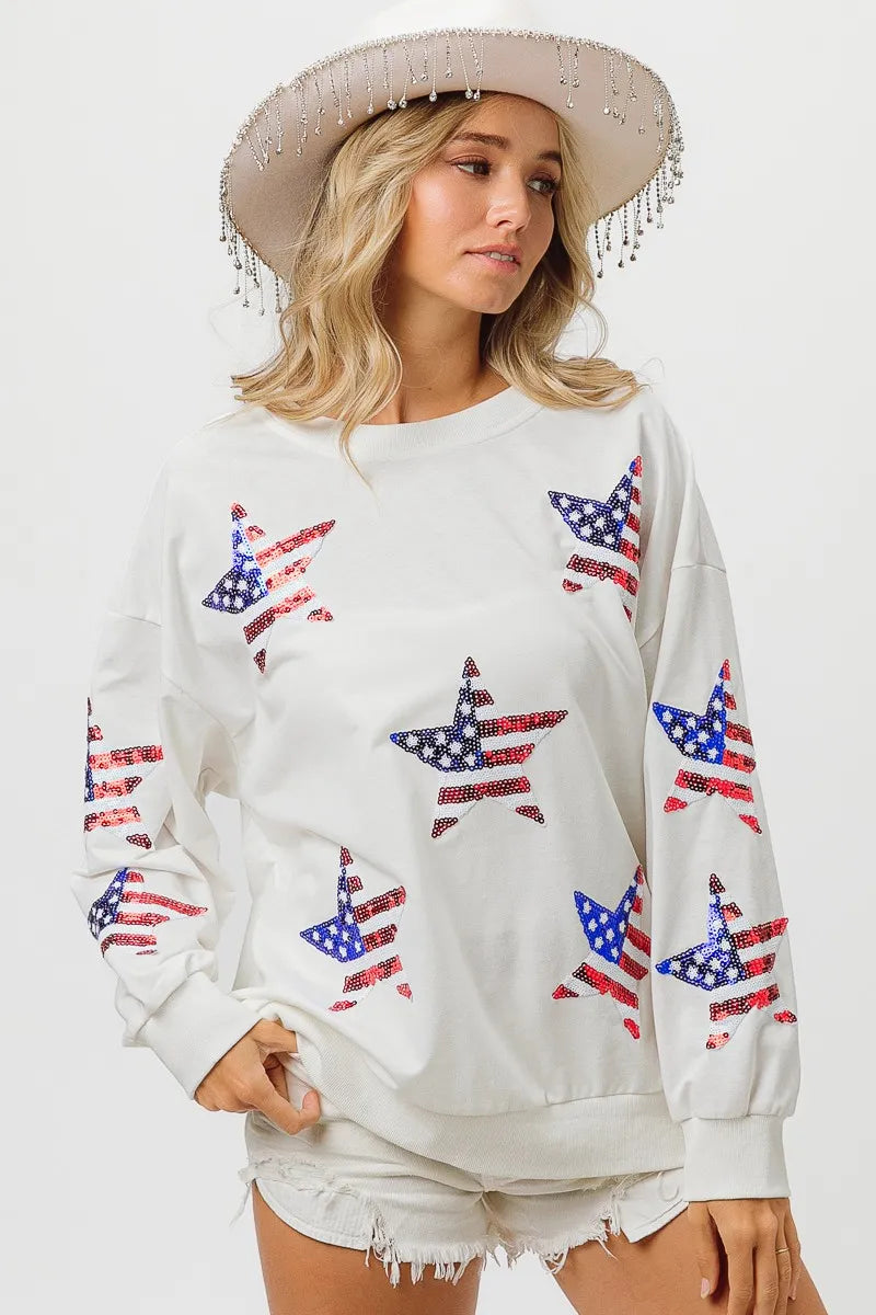 Off White American Flag Sequin Star Sweatshirt - Tigbul's Variety Fashion Shop