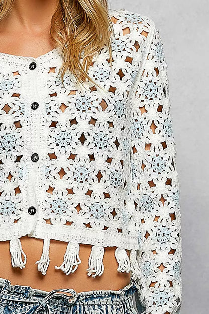 Off White, Blue Openwork Floral Crochet Cardigan with Tassel Hem | Tigbuls