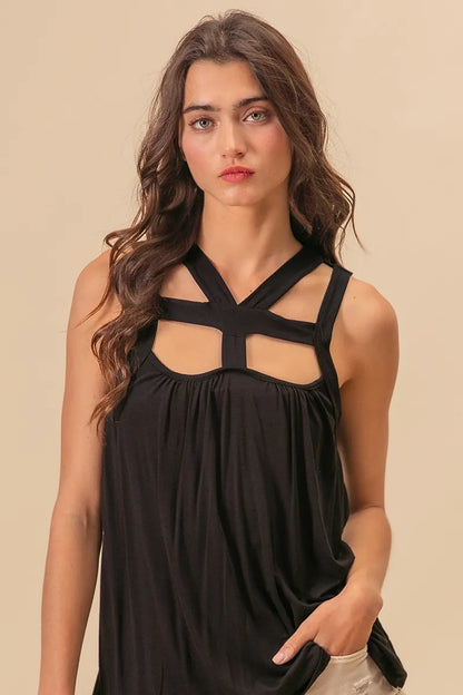 Black Rayon Span Jersey Cut Out with Straps Detailed - Tigbul's Variety Fashion Shop