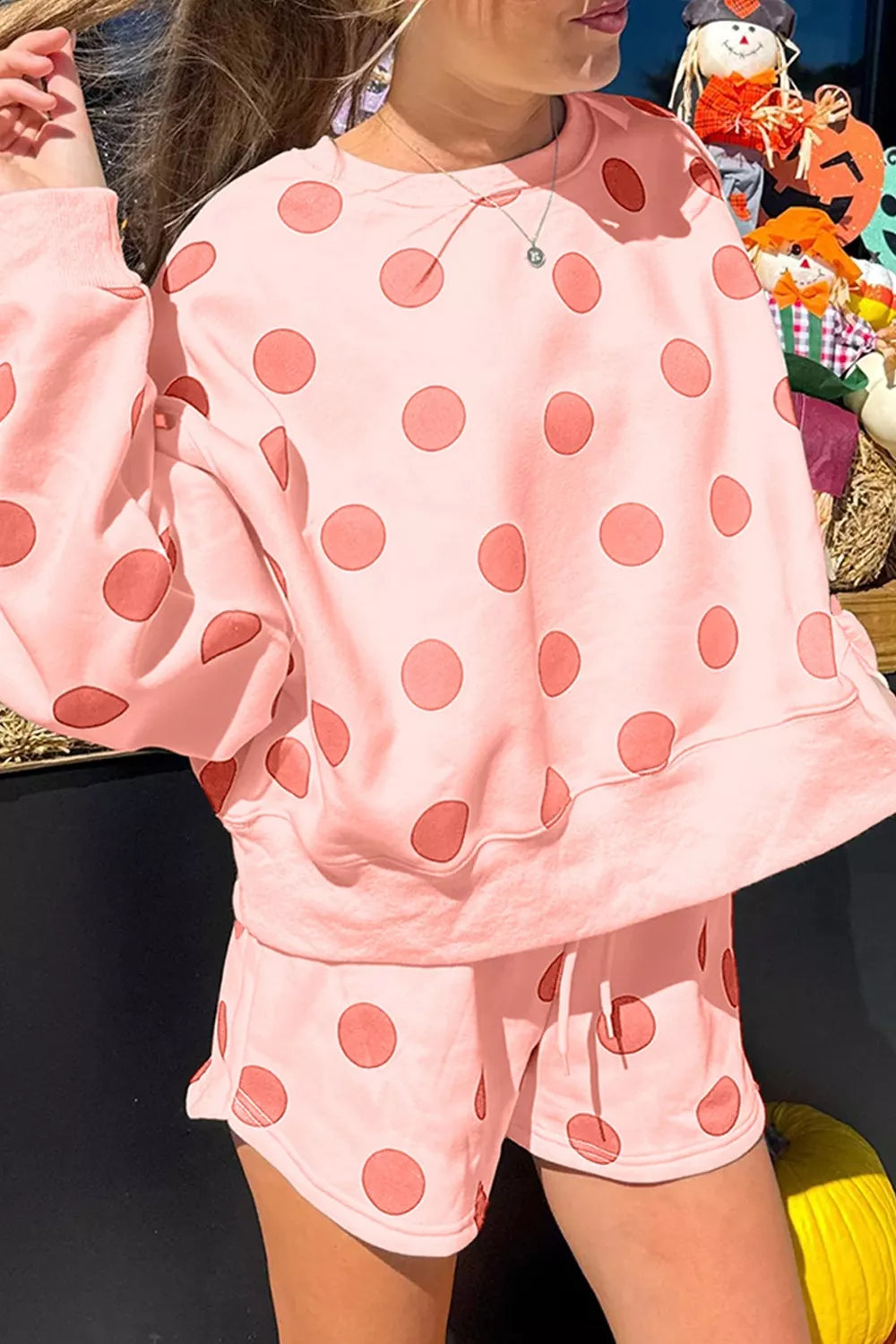 Polka Dot Print Drop Shoulder Pullover Drawstring Shorts Set - Tigbul's Variety Fashion Shop