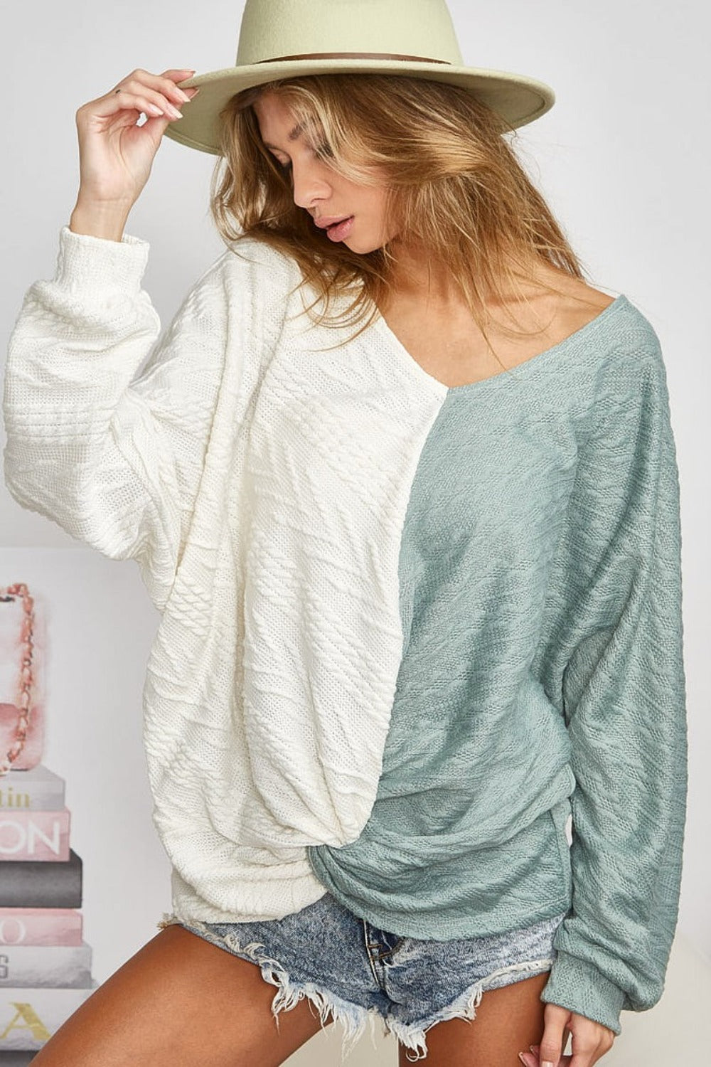 BiBi Twist Front Contrast Cable Knit Top - Tigbul's Variety Fashion Shop